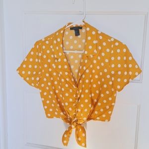Yellow Polka Dot Button Up Tie Crop Top